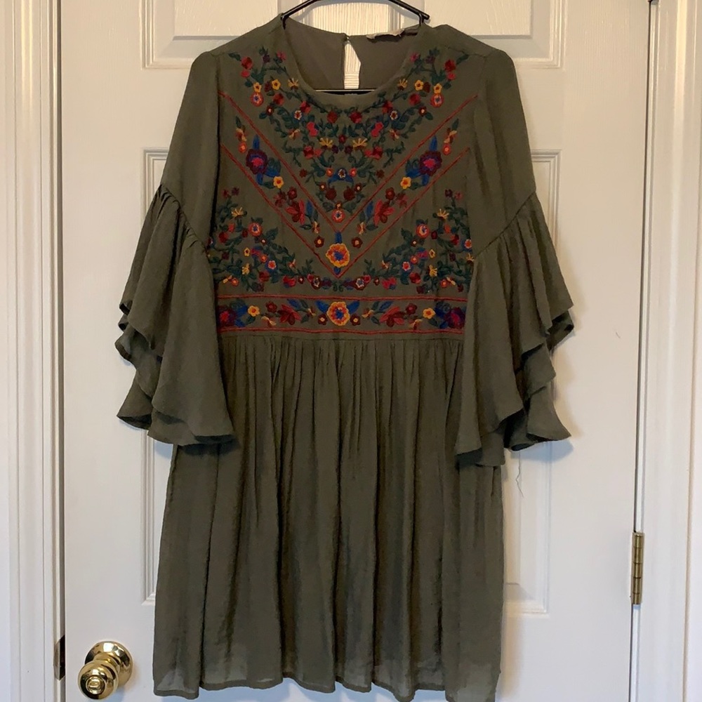 Altard’d State Embroidered Bohemian Baby Doll Dress with bell sleeves